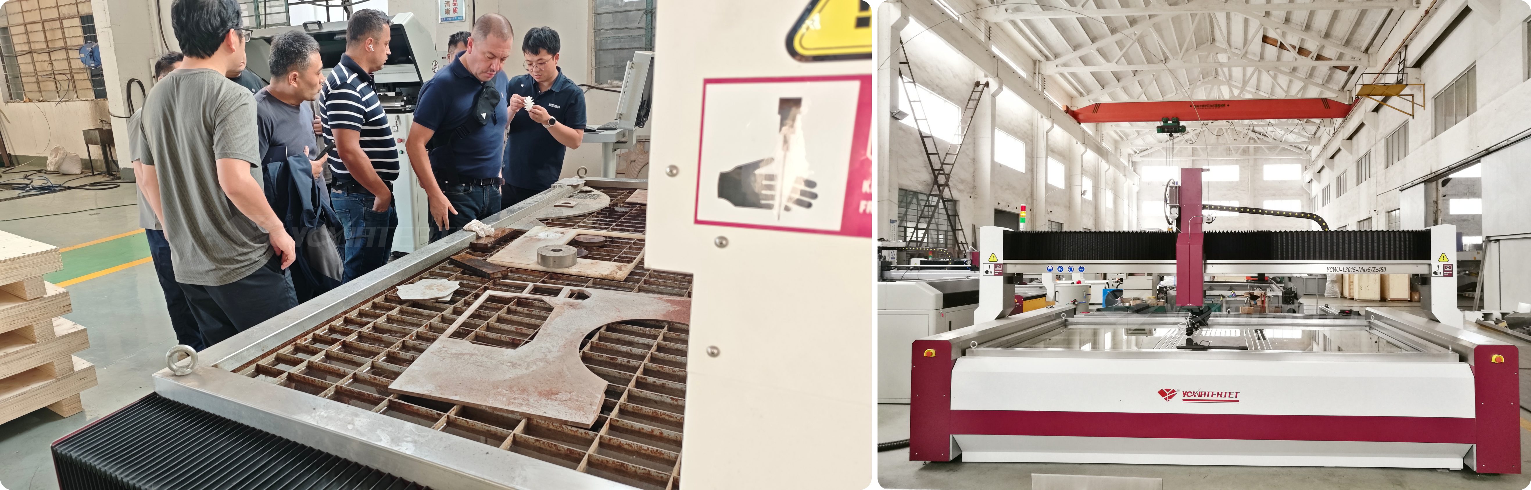 Colombian customers observing a 3D MAX 5-axis waterjet cutting demonstration at YC WATERJET2