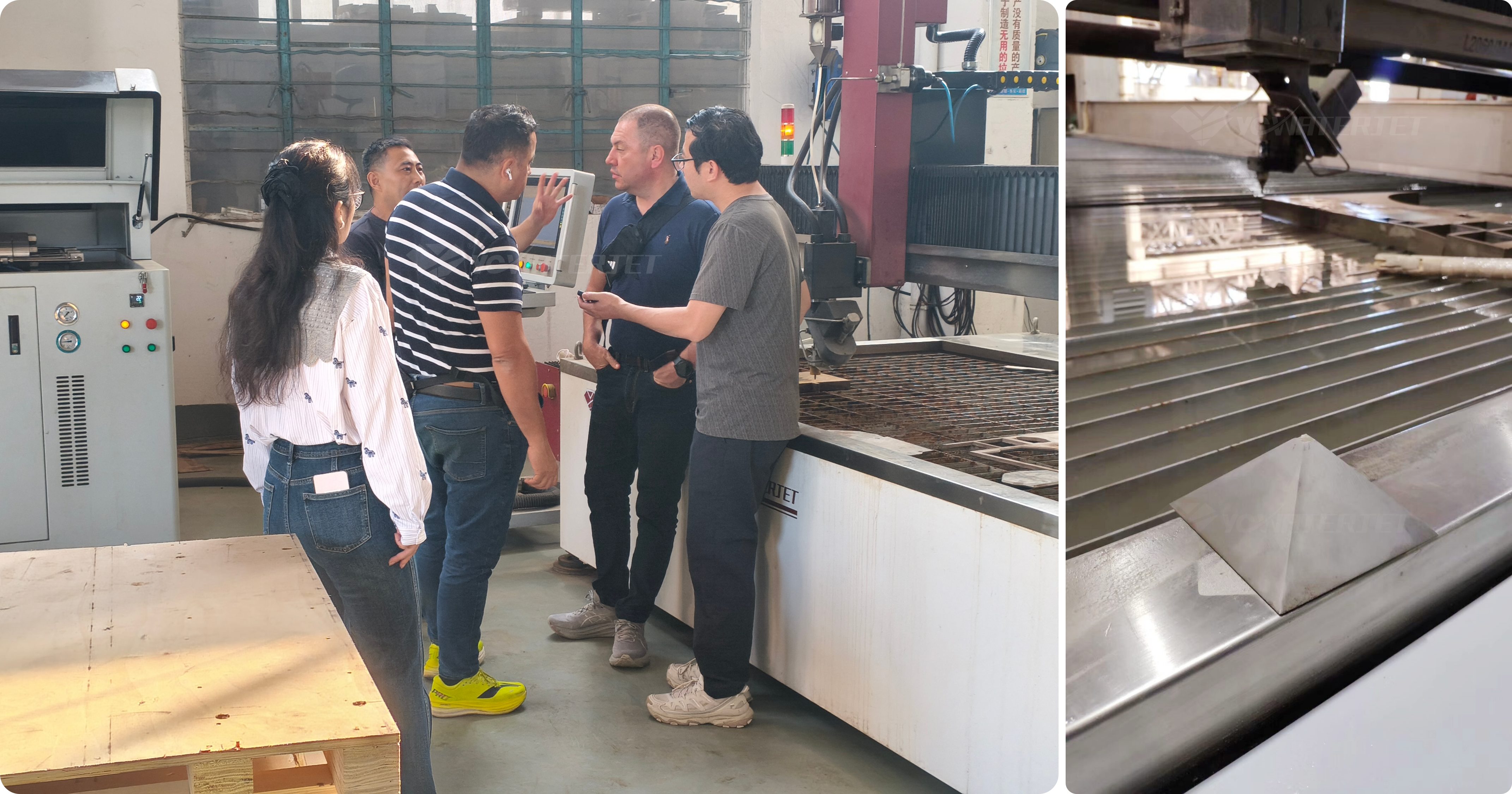 Colombian customers observing a 3D MAX 5-axis waterjet cutting demonstration at YC WATERJET